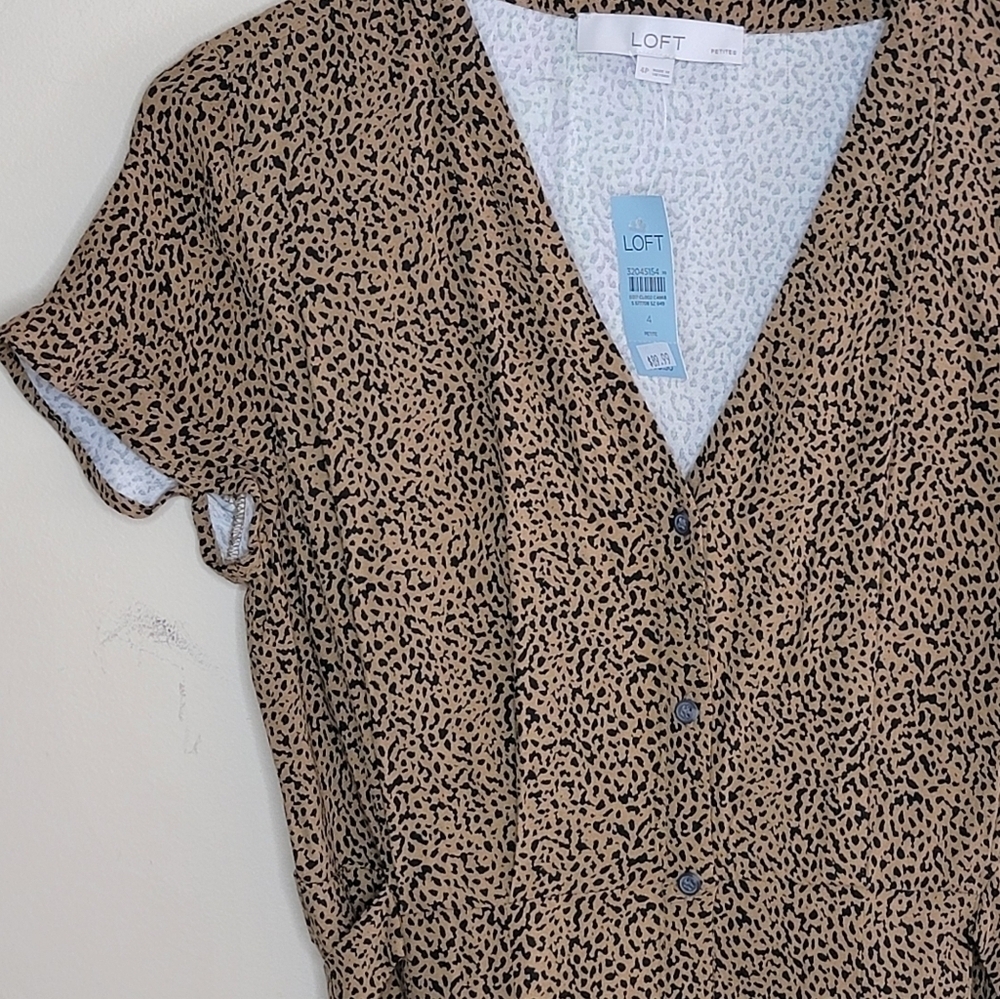 NWT Loft Petite Black & Tan Leopard Print V-neck Midi Shirt Dress Size 4P - Picture 4 of 8